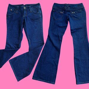 Y2K low Rise Bootcut Flare Jeans Dark Wash Flap Pockets US 11 Stretch Denim